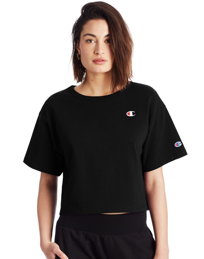 Champion Womens T-Shirt NZ - Heritage Cropped C Logo Black ( 2387-JDPYZ )